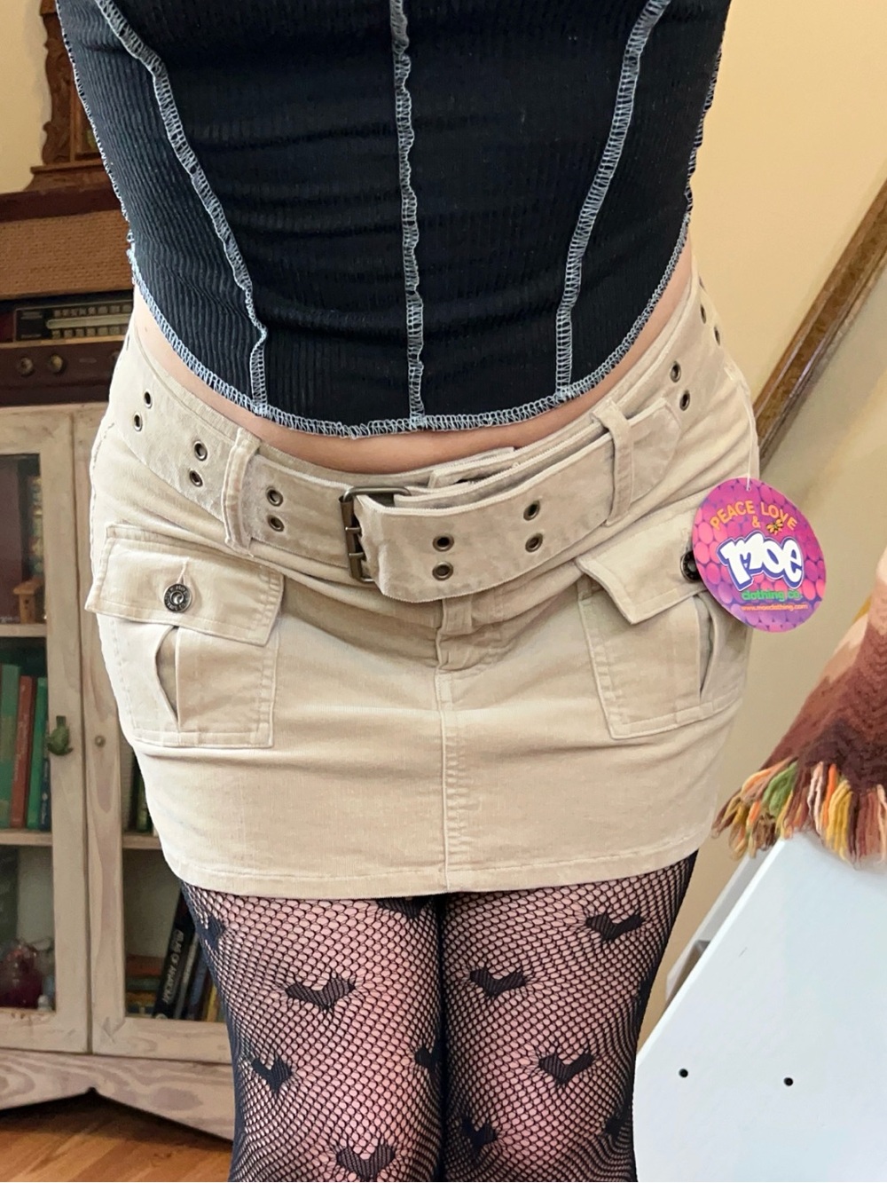 Vintage Y2K Tan Corduroy Cargo Mini Skirt Grommet Belt Indie Grunge Streetstyle